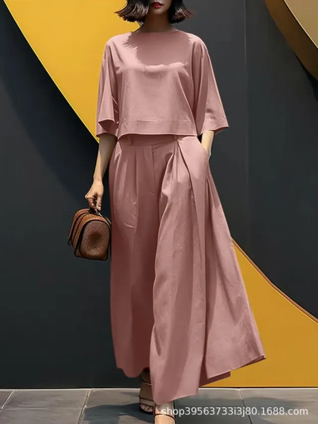 European And American Fashion Suit Solid Color Short Sleeve Loose Trousers Two piece Set Pink - Shop at LoveMi