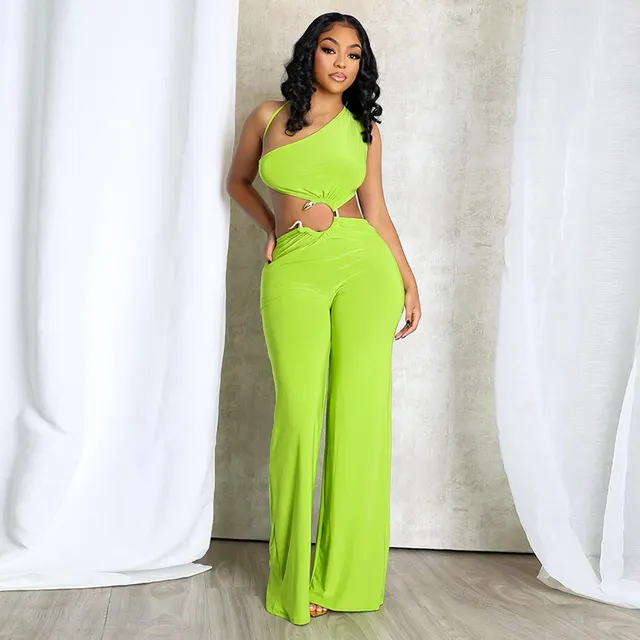Hollow out Diagonal Collar Lace up Pleated Ring Stitching Straight Long Conjoined Trousers Light Green - Shop at LoveMi