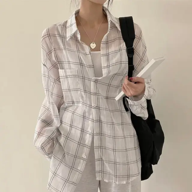 Color contrast Check Sun Protection Shirt Women's Shirt Coat White - Shop at LoveMi