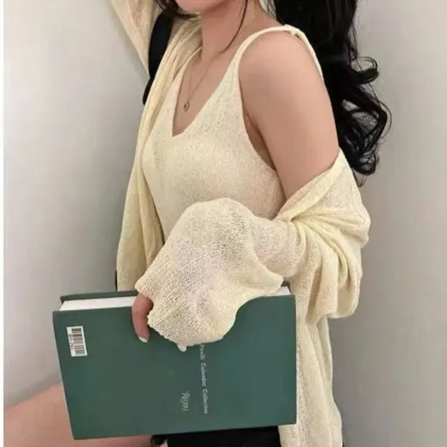Women's Cool Linen Vest Cardigan Loose Sun protection Shirt Two piece Set Beige - Shop at LoveMi