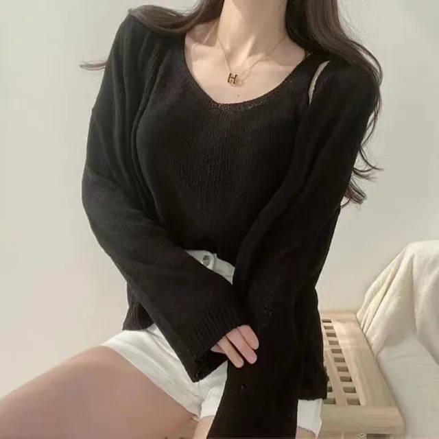 Women's Cool Linen Vest Cardigan Loose Sun protection Shirt Two piece Set Black - Shop at LoveMi