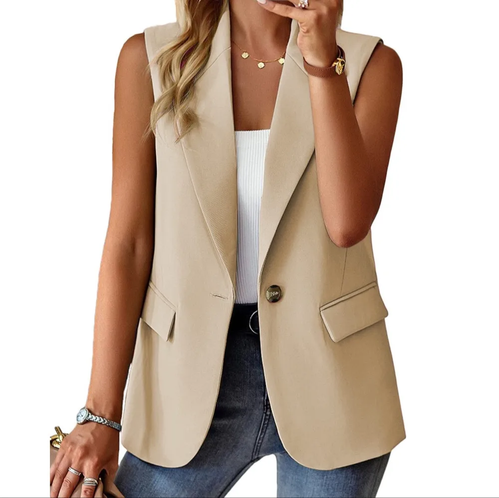 Autumn Sleeveless Solid Colour Multicolour Cardigan Small Suit Jacket Ladies - Apricot - View 1