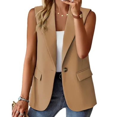 Autumn Sleeveless Solid Color Multicolor Cardigan Small Suit Jacket Ladies Khaki - Shop at LoveMi