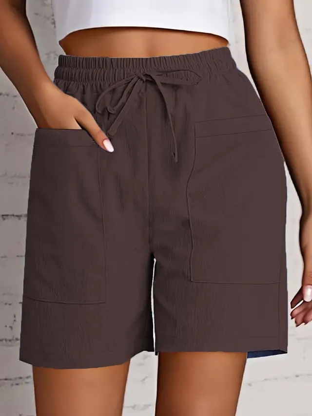 Women's Solid Color Pocket Loose High Waist Casual Fashion Cropped Shorts Brown - Shop at LoveMi