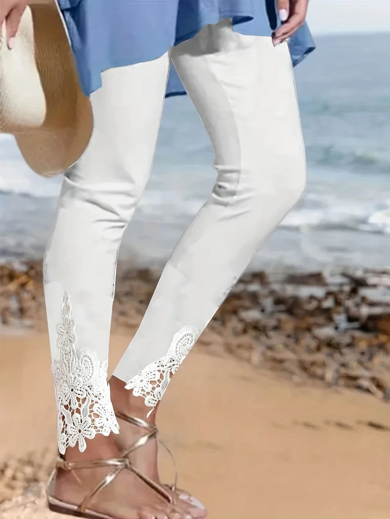 Tight Pants Lace Stitching Hollow-out Cropped Trousers For Women - White