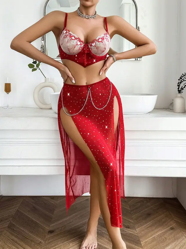 Embroidered Bra Split Red Three piece Suit Red - Shop at LoveMi