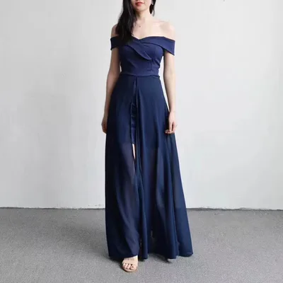 Slim Fit Temperament Sheath Chiffon Split Dress Women Blue - Shop at LoveMi