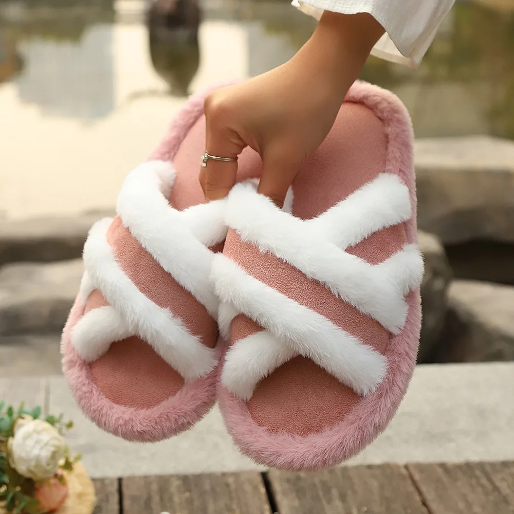Women's Fluffy Cross Strap Platform Slippers, Pink - Shop at LoveMi