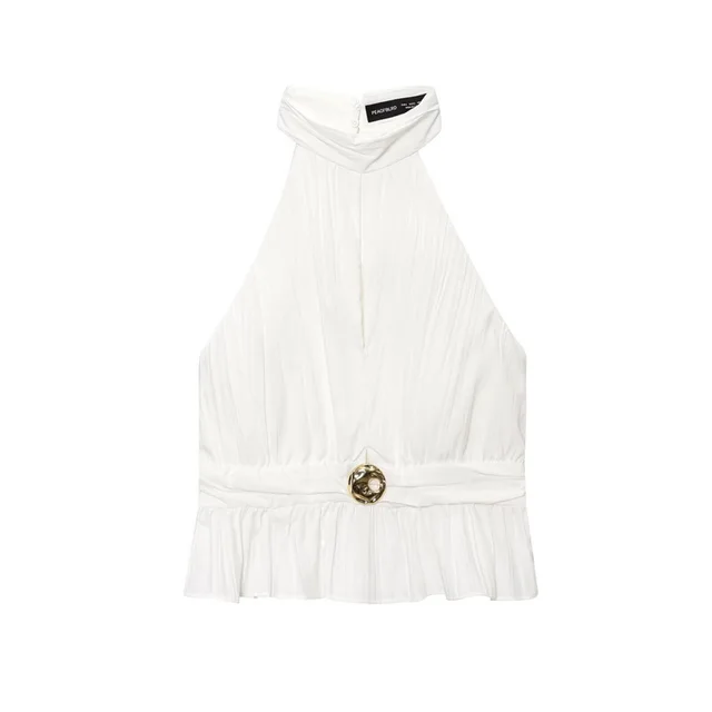 European And American Style Fashion Simple Small Pleated Hanging Collar Top White - Shop at LoveMi