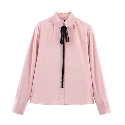 Satin Chiffon Flounce Trim Lace Up Long Sleeve Shirt Pink - Shop at LoveMi
