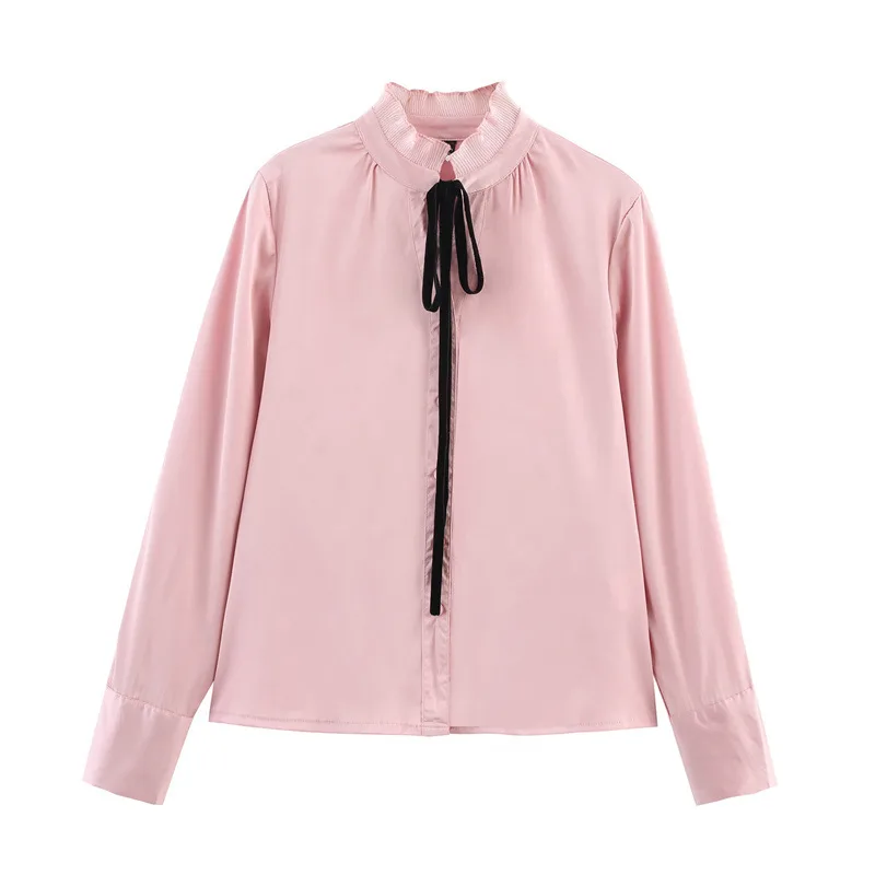 Satin Chiffon Flounce Trim Lace Up Long Sleeve Shirt - Pink
