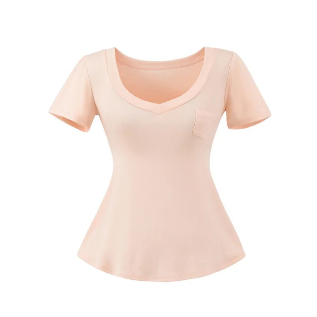 Summer New Solid Color Tight Waist V neck Women's Short Sleeve Pink - Shop at LoveMi