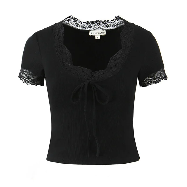 Lace V neck Slim Knit Small Top Black - Shop at LoveMi