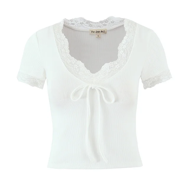 Lace V neck Slim Knit Small Top White - Shop at LoveMi
