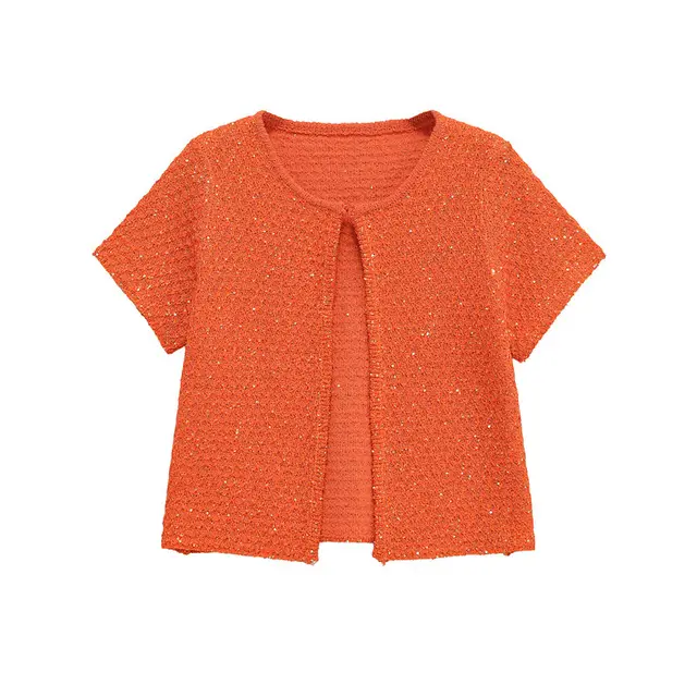 Beads Decoration Knitwear Women's Round Neck Short Sleeve Top Wide Camisole Vest Orange Coat - Shop at LoveMi