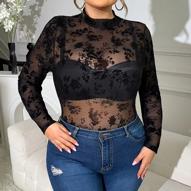 Large Size For Girl Sexy Lace Jumpsuit Flocked Printed Long Sleeve Black - Shop at LoveMi