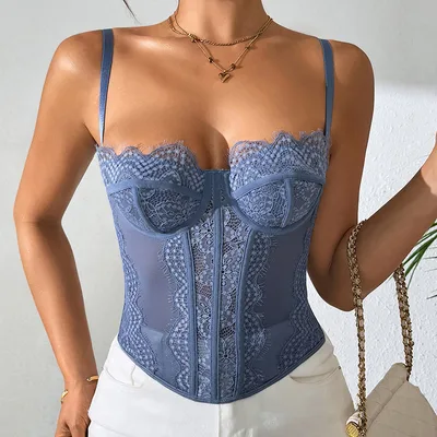 European, American And French Style Fishbone Bra Lace Vest Hollow Camisole Top Haze Blue - Shop at LoveMi