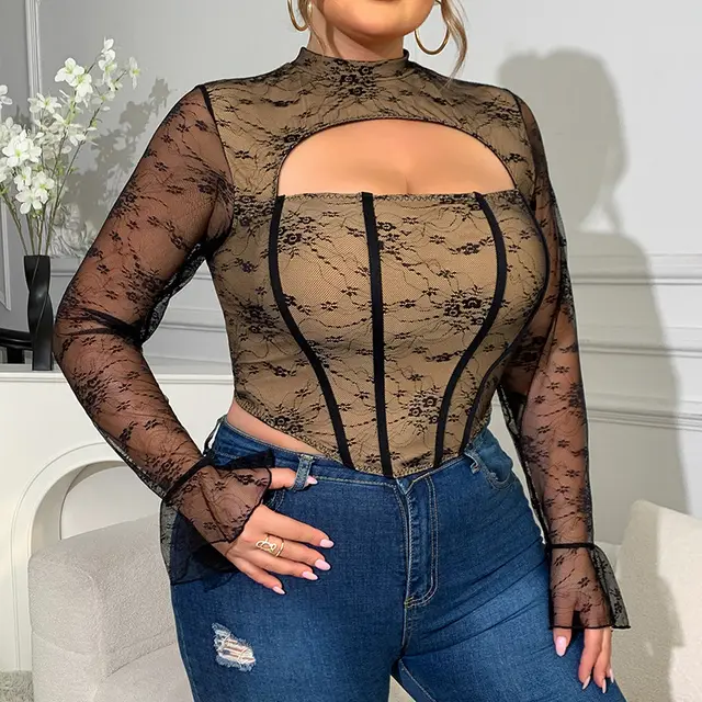 Large Size For Girl Hot Girl Mesh Low cut Steel Ring Fishbone Long sleeved Top Black Skin Color - Shop at LoveMi