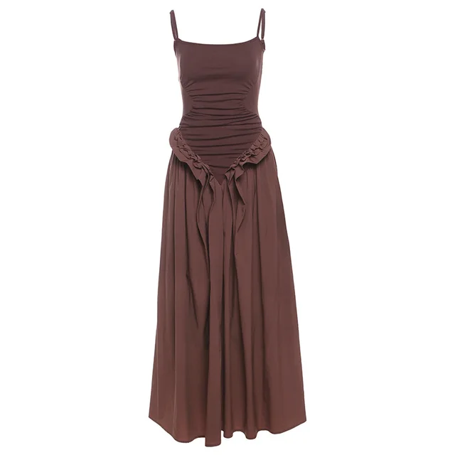 Solid Color Sling Fitted Waist Pleated Large Swing Dress Brown - Shop at LoveMi