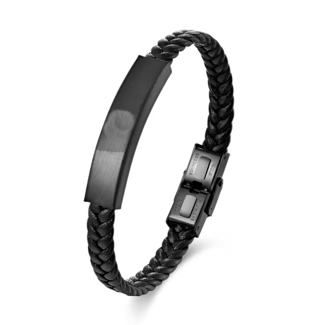 Leather Ornament Titanium Steel Men's Weaving Leather Bracelet Black - Shop at LoveMi