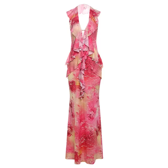 Women's Sexy Printing Color Contrast Backless Sheath Dress Pink - Shop at LoveMi