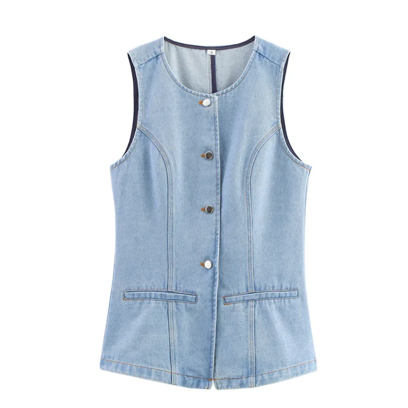 Design Tight Waist Two Colours Denim Waistcoat Vest - Light Blue - View 1