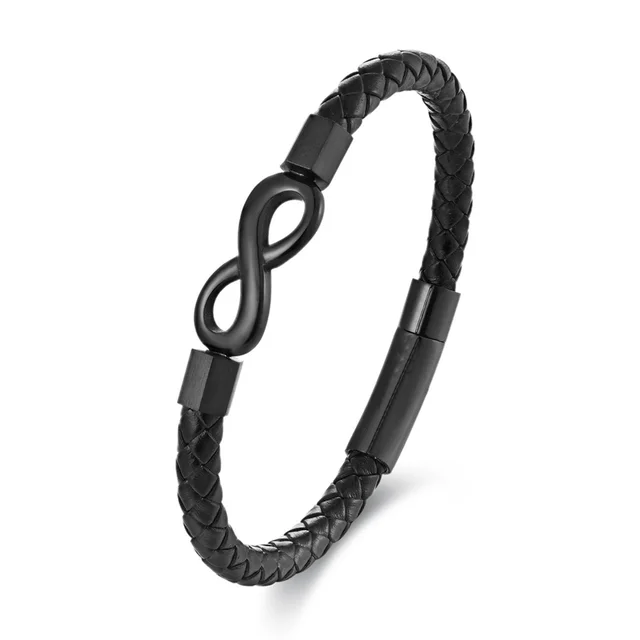 Leather Bracelet Vintage Leather European And American Stainless Steel Black 21Cm - Shop at LoveMi