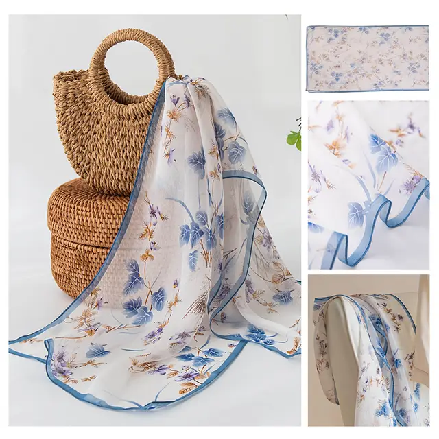 Silk Scarf Women's Mulberry Silk Printed Shawl Blue Branches And Leaves - Shop at LoveMi