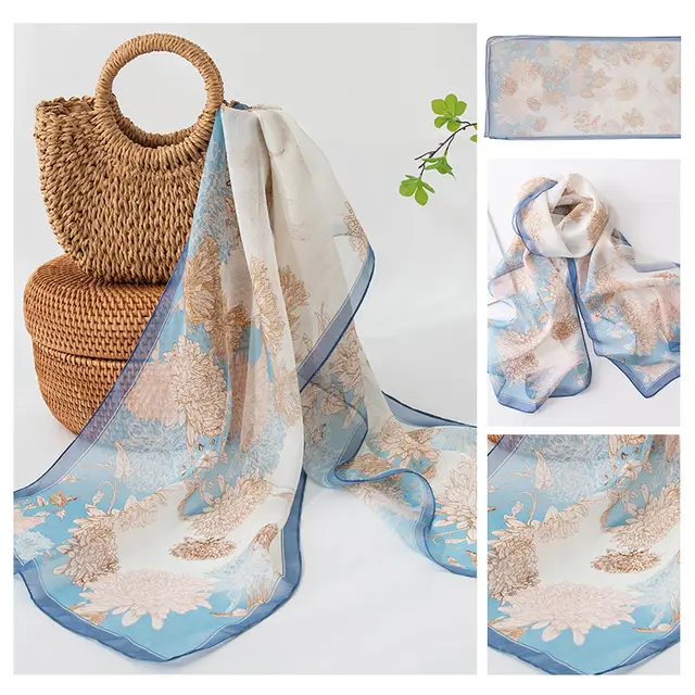 Silk Scarf Women's Mulberry Silk Printed Shawl Blue - Shop at LoveMi