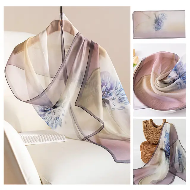 Silk Scarf Women's Mulberry Silk Printed Shawl Elegant Petal Blue - Shop at LoveMi
