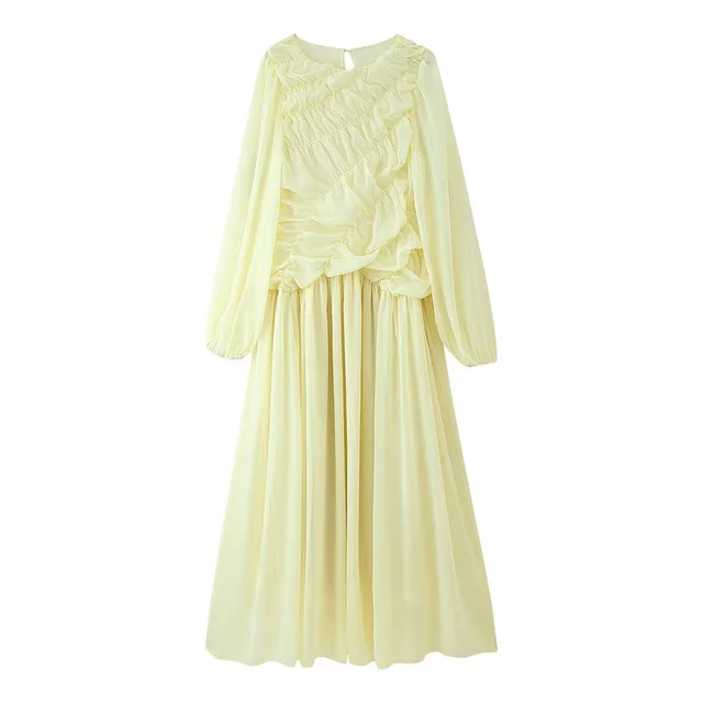 Design Sense Laminated Two color Long Sleeve Lath Pleated Dress Yellow - Shop at LoveMi