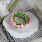 Floral Towel Hair Ring For Women - Green Circle Pink Floral