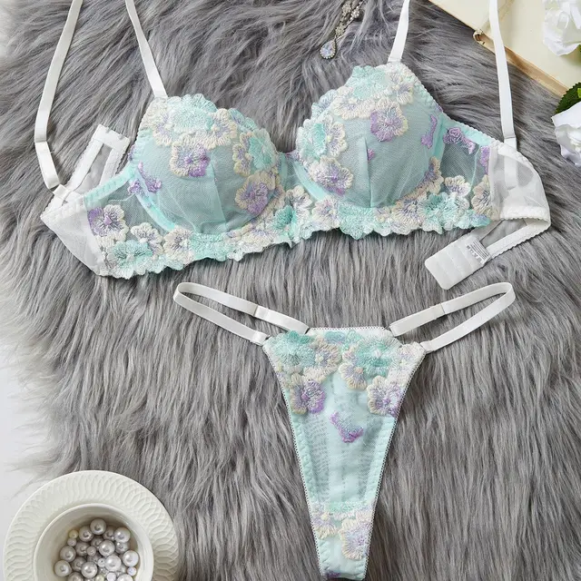 Female Creative Embroidered Printed Bra Set Green - Shop at LoveMi
