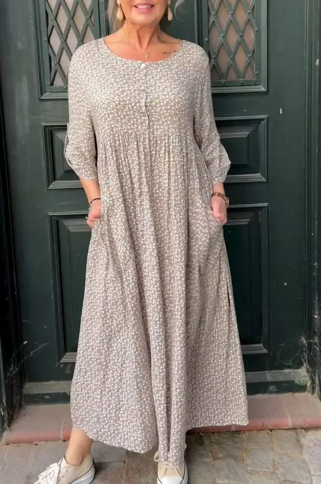 Casual Button Floral Print Long Sleeve Dress Khaki - Shop at LoveMi