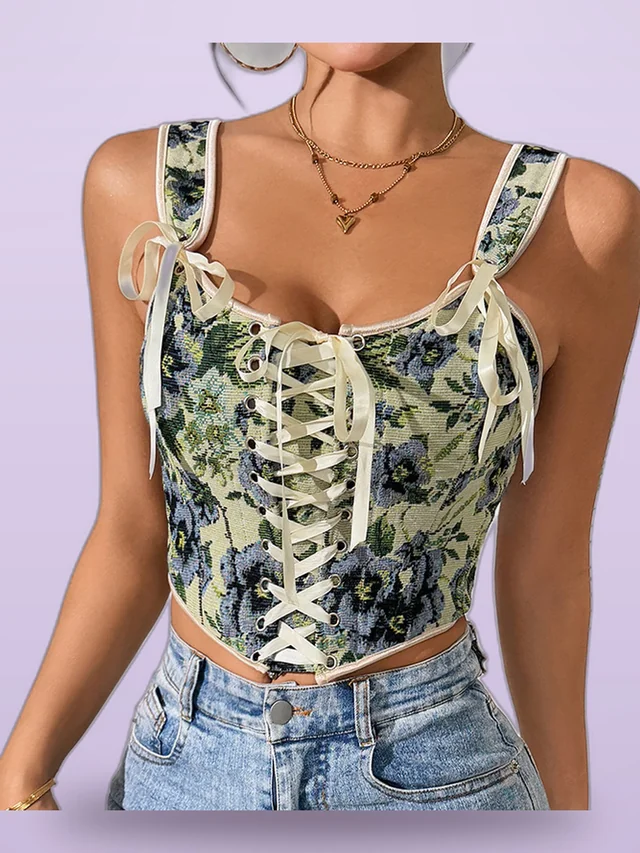 French Retro Printed Lace Up Corset Sexy Vest Olive - Shop at LoveMi
