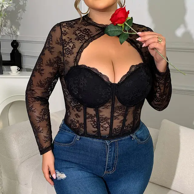 Lace Mesh Patchwork Lace Sexy Cutout See through Fishbone Steel Ring Top Black - Shop at LoveMi