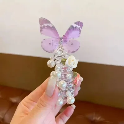 Children's Butterfly Pearl Phone Line Hair Ring Headdress Purple 1Pcs - Shop at LoveMi