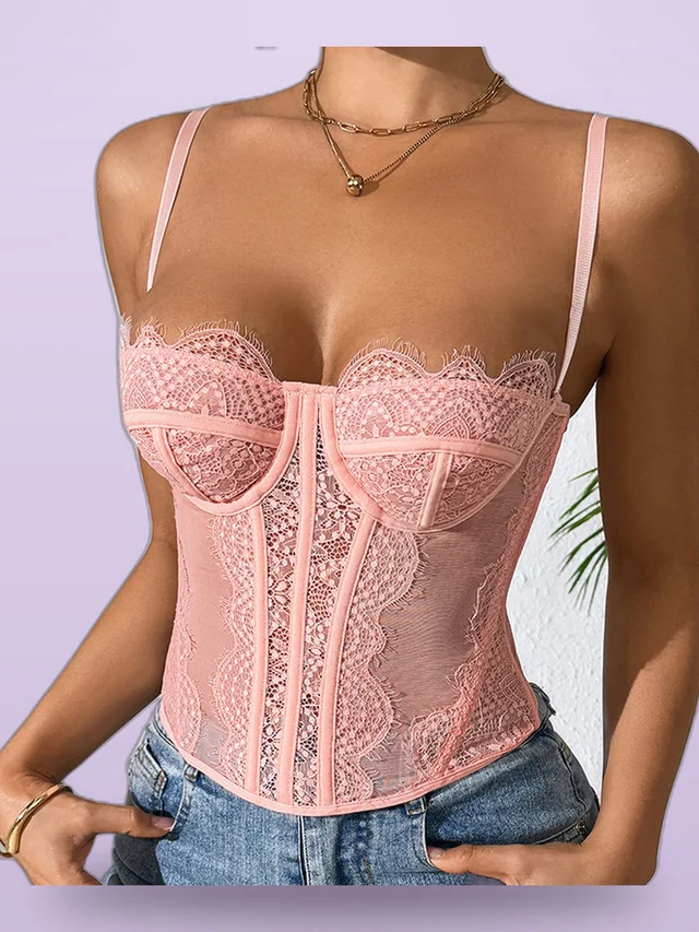 Corset Eyelash Lace See through Pure Desire Sling Tunic Pink - Shop at LoveMi