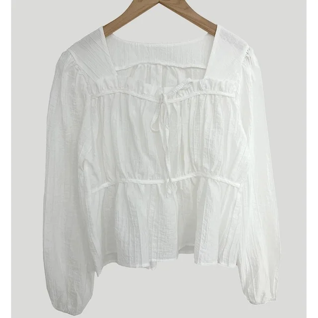 Retro Square Collar Lace Pleated Waisted Long sleeved Shirt White - Shop at LoveMi