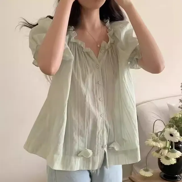 Women's Drawstring Wooden Ear Design Loose Puff Sleeves Shirt Green - Shop at LoveMi
