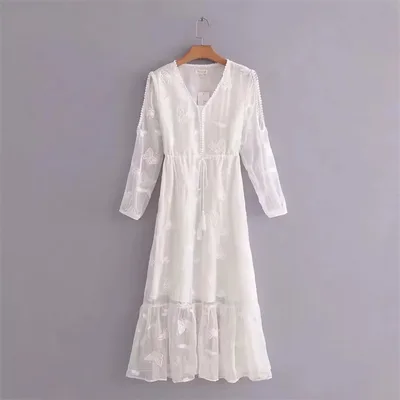Butterfly Embroidered Lace Shoulder Chiffon Dress White - Shop at LoveMi