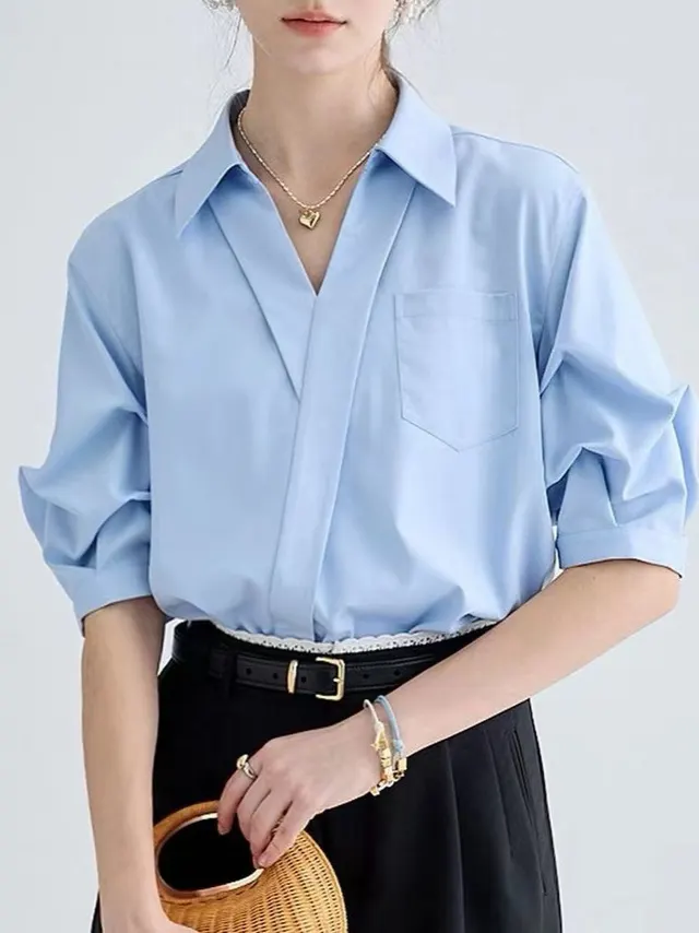 Design Sense Minority Fashion Elegant High Sense V neck Young French Top Blue - Shop at LoveMi