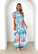 New Fashion Casual Positioning Lace Printing Long Dress - Blue