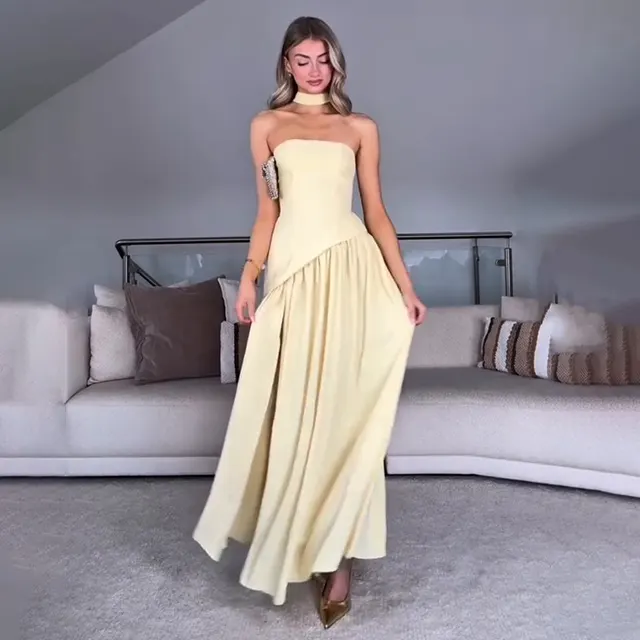 Women's Fashion Pure Color Tube top Backless Dress Light Yellow - Shop at LoveMi