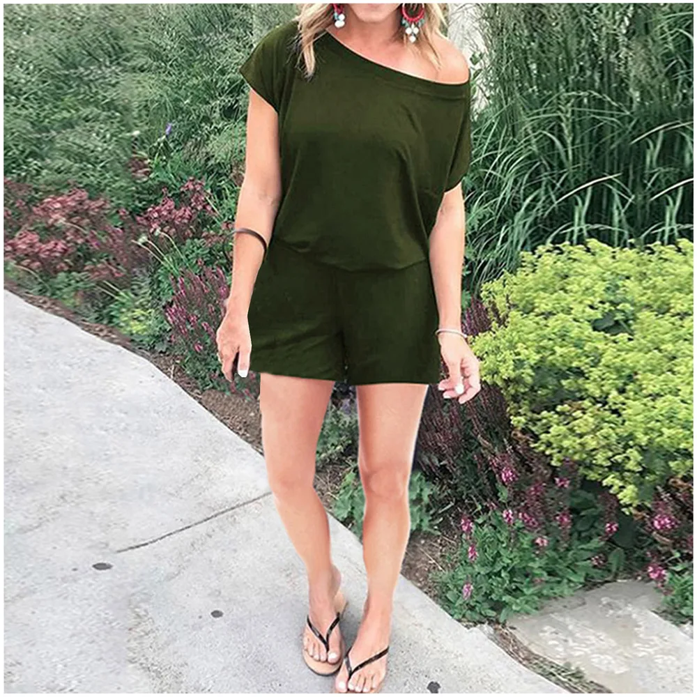 Women's Solid Color Loose Fashion Diagonal Shoulder Short sleeved Jumpsuit Army Green - Shop at LoveMi