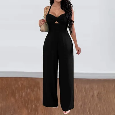 Leisure Vacation Commute Style Solid Color Sling Wide Leg Jumpsuit For Women Black - Shop at LoveMi