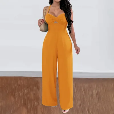 Leisure Vacation Commute Style Solid Color Sling Wide Leg Jumpsuit For Women Yellow - Shop at LoveMi