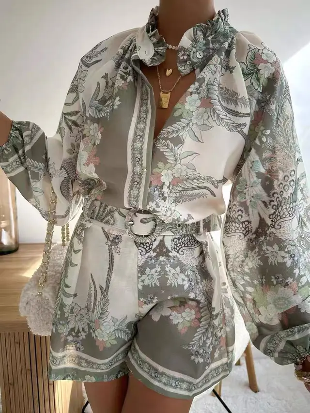 Stand up Collar Puff Sleeve Single placket Printed Shorts Suit Gray Suit - Shop at LoveMi