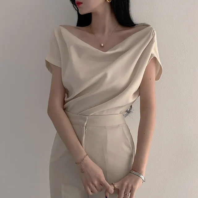 Off shoulder Collar Design Loose Casual Short Sleeve Shirt Top Apricot - Shop at LoveMi