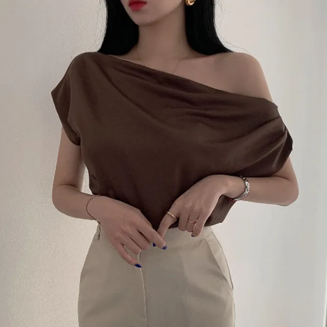 Off shoulder Collar Design Loose Casual Short Sleeve Shirt Top Coffee - Shop at LoveMi